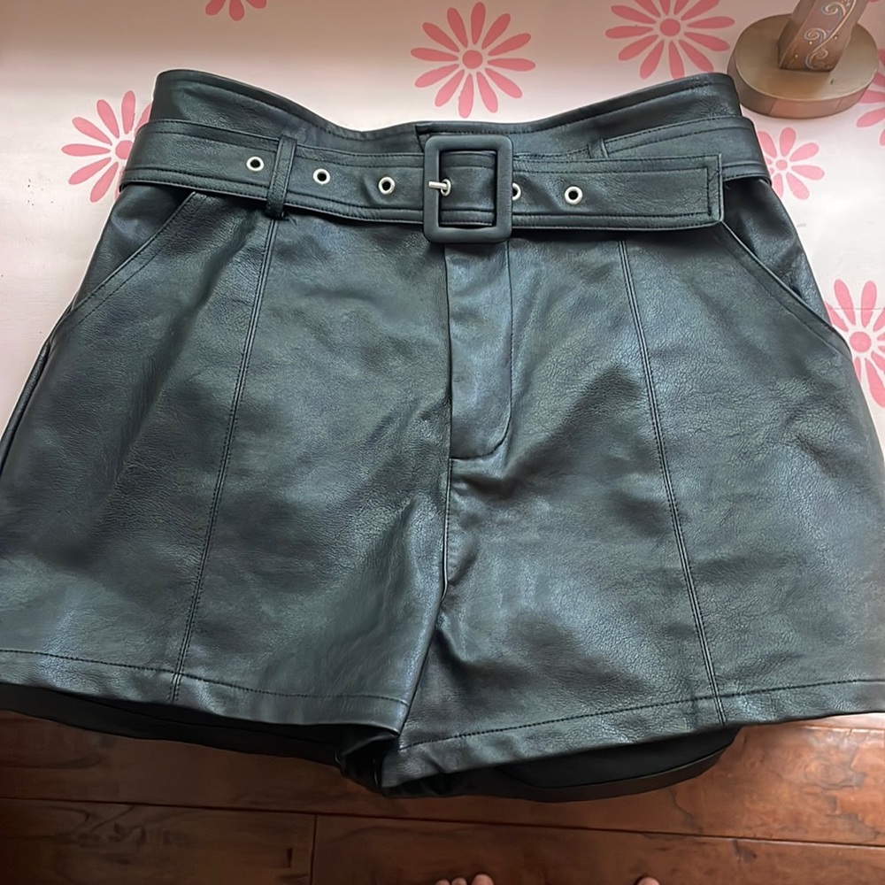 Black leather shorts with belt